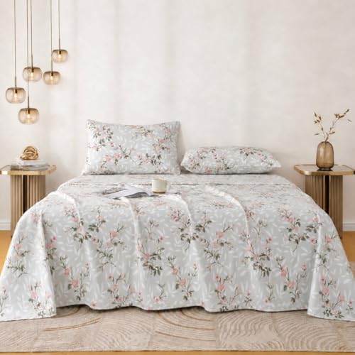 Image of Jaipur Weaves Double Bed Cotton Bedsheet Queen Size 90x100, 100% Pure Cotton Bed Sheet with 2 Pillow Covers, 240 TC Soft Breathable Floral Design - (Spring Tulips Grey, Queen)