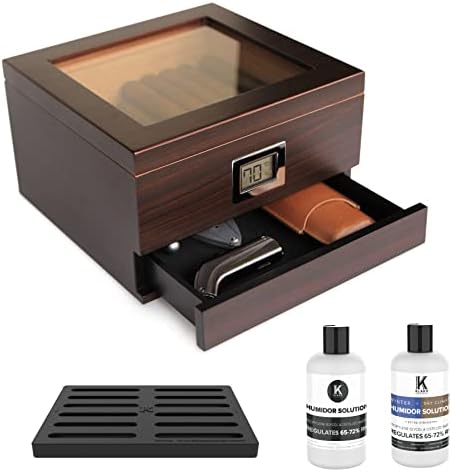 CASE ELEGANCE Glass Top Handcrafted Cedar Humidor with Front Digital Hygrometer, Humidifier Gel, and Accessory Drawer - Holds (25-50 Cigars)