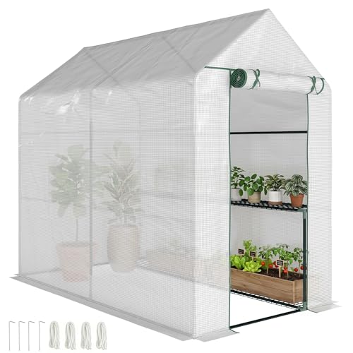 Outsunny Walk In Greenhouse with 2-Tier Shelves, Roll up Zip Panel Door, Garden Polytunnel Steeple Grow House for Outdoor, 6 x 4 x 6ft White