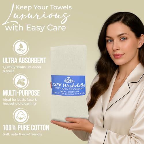 Image of DAN RIVER 12 Pack Wash Cloths for Showering [12x12] - 100% Cotton Washcloths Premium Quality Flannel Face Cloths for Bathroom, Highly Absorbent and Soft Feel Wash Clothes, Ivory