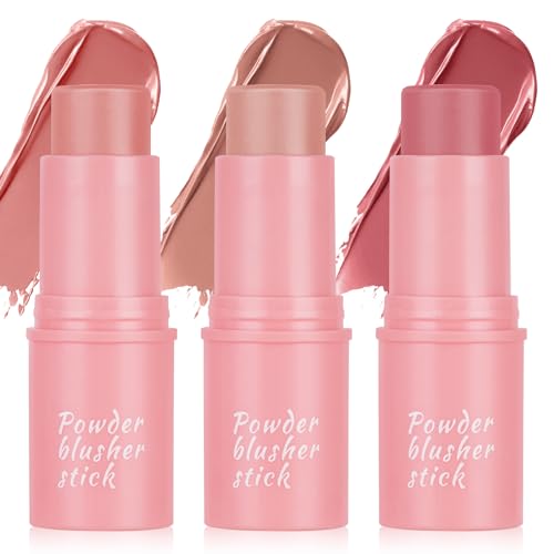 3 in 1 Cream Blush Stick, 3 Pcs Cream Contour Stick for Cheeks Lips Eyes, Long Lasting Waterproof Lightweight Blusher Stick, Moisturize and Blendable Blushers for Women Girls Cheeks Makeup
