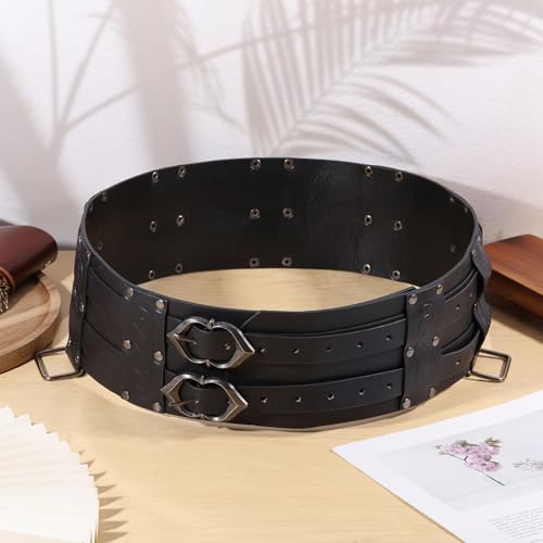 Medieval Wide Belt Viking Faux Leather Armor Knight Waist Belts Wide Embossed Buckle Corset Belts for LARP Halloween Cosplay Christmas Costume Black3