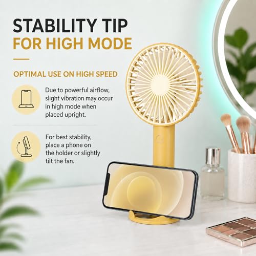 Image of TEQO Rechargeable Hand Fan 4800 RPM High Speed | 1200mAh Battery, Up to 6 Hours Runtime | Portable USB Fan with Mobile Stand & RGB Light | 3 Speed Personal Mini Fan for Travel, Makeup (Yellow)