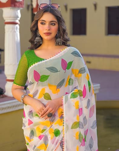 Image of SIRIL Women's Chiffon Printed Saree with Unstitched Blouse Piece
