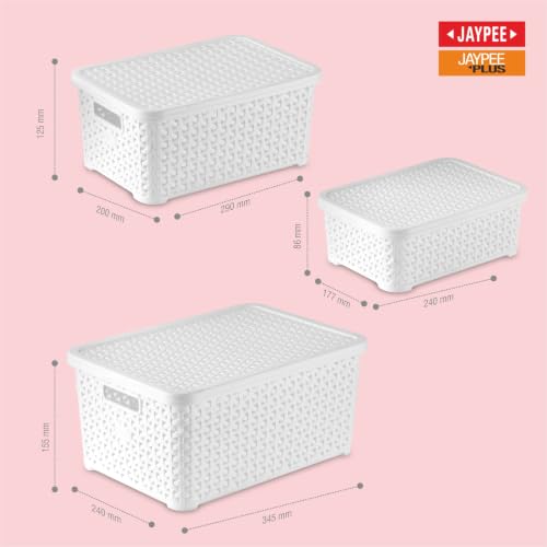 Image of Jaypee Plus Keep all 3 Plastic Storage Basket Organizers With Lid For Kitchen,Fridge, Office Wardrobe, Stationery, Household, Toys & Multipurpose use Pack of 3 Durable Box, White