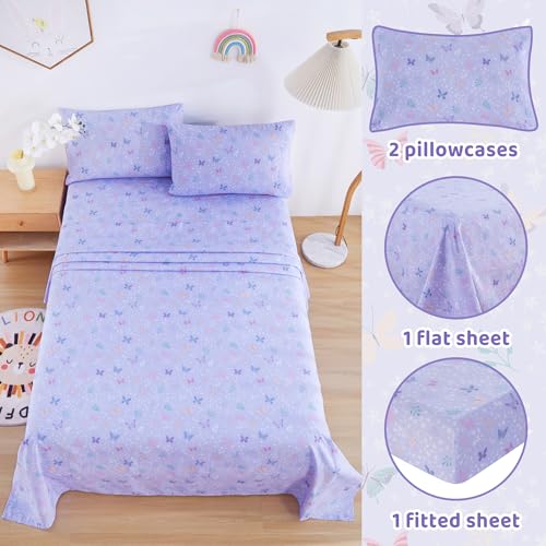 Image of Viviland 4 Pieces Girls Light Purple Full Sheet Set - Soft Microfiber Fitted Flat Sheets & Pillowcases - Butterfly Floral Printed Bedding Sets - for Kids & Toddlers