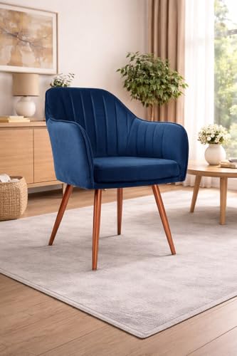 Image of Plush Dining Chair | Accent Chair for Living Room Bedroom Restuarant | Velvet Fabric & Thick Cushion Seat with Sturdy Glossy Metal Legs (Bronze Legs, Blue)