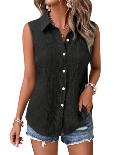 Image of GLASGO Women's 100% Cotton Sleeveless Button Down Shirt | Casual Summer Collared Tank Top | Soft Breathable Fabric Stylish Piece