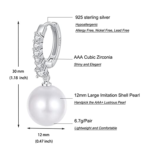 Pearl Earrings for Women 925 Sterling Silver White Gold Pearl Drop Earrings Dangle Cubic Zirconia Large Size 12mm 10mm for Mother4