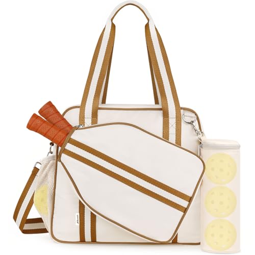 Movker Pickleball Bag for Women and men 2-in-1 Tote & Crossbody with Fence Hook & Detachable Ball Bag Court to Street (Beige Brown)Racket Not Included