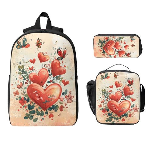 Cartoon Heart Cute Valentine's Decor Backpacks 3 Pcs Lightweight Casual Backpack with Fun Graphic Cartoon Print for Outdoor Hiking and Travel