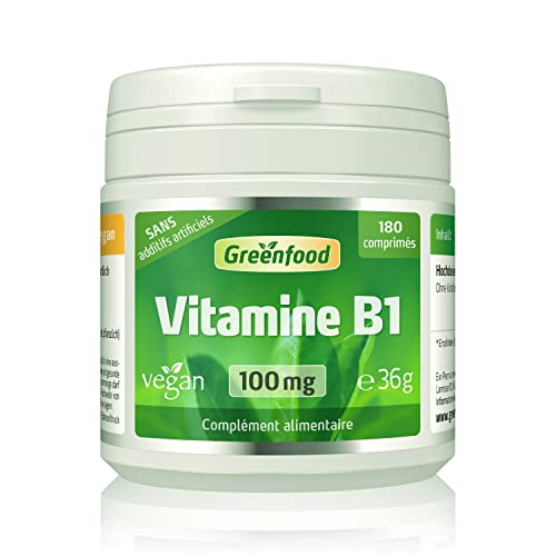 Greenfood Vitamine B1, 100 mg, dose élevée, 180 comprimés, vegan, sans additifs artificiels - Sans génie génétique.