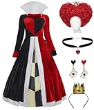 Qseownd Women Queen Heart Cosplay Red Queen Dress with Wig Wonderland Red Heart Halloween Costume Dress Up (Red 1 -Wig, Medium)
