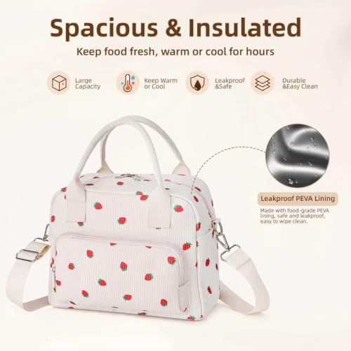 Image of LOVELYWIND Large Insulated Lunch Bag Women, Cute Strawberry Lunch Box 12L | Large Shoulder Strap Lunch Tote With Insulated Lining; Stylish Look For Work, School, Picnic, And Organized Meals.