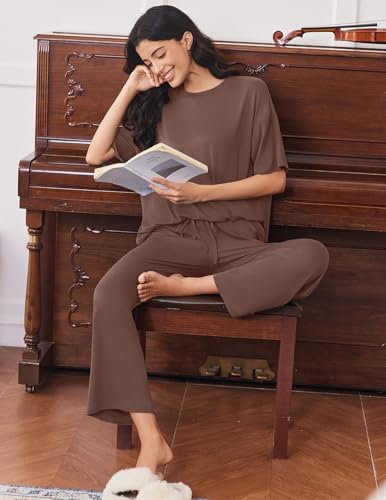 Image of Ekouaer Lounge Sets for Women Short Sleeve Tops and Long Pants Soft Comfy Pajamas Set 2 Piece Outfits