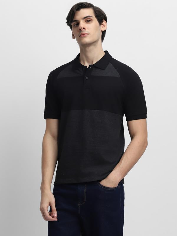 Image of Dennis Lingo Men's Black Cotton Polo Neck Tshirt, Regular Fit Half Sleeve