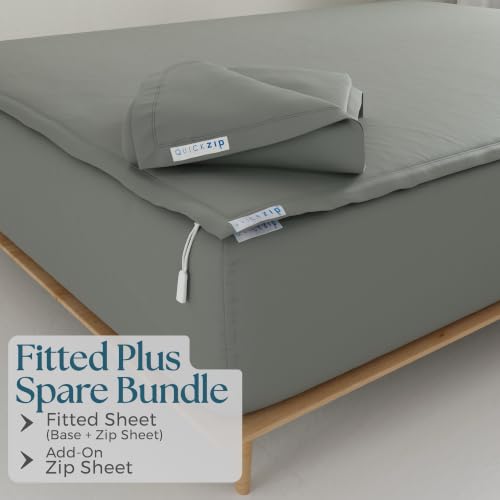 Image of QuickZip Fitted Plus Spare Bundle: 1 Fitted Sheet (Base + Zip Sheet) & 1 Zip Sheet - Easy to Change, Won't Pop Off - Soft Sateen 400 TC 100% Cotton - 17.5 inch Deep Pockets Calking Size - Slate Gray