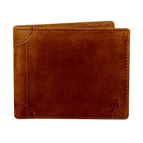STARHIDE Men's RFID Blocking Genuine Distressed Hunter Leather Trifold Wallet Purse Credit Card Holder #1145 (Brown)