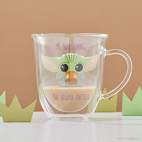 Joyjolt Watching The Drama Unfold Grogu 13.5Oz Coffee Mug, Double Wall Mug Set Of 2. Large Espresso Cups, Cappuccino Or Latte Cup. Mandalorian Star Wars Mugs, Glass Coffee Cup, Insulated Coffee Mug #TOP3