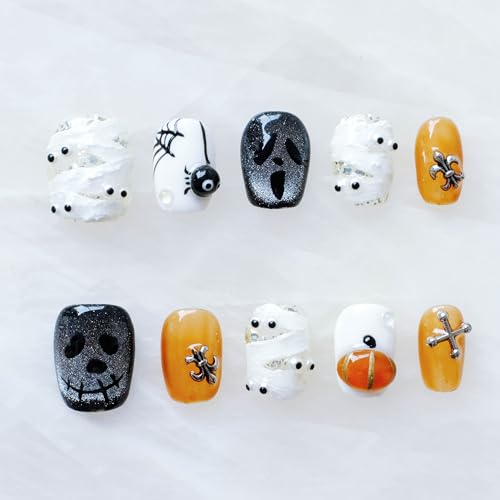 Halloween Press On Nails, Pumpkin, Ghost, Spider, Mummy Design, 10 Pieces (L,SS)