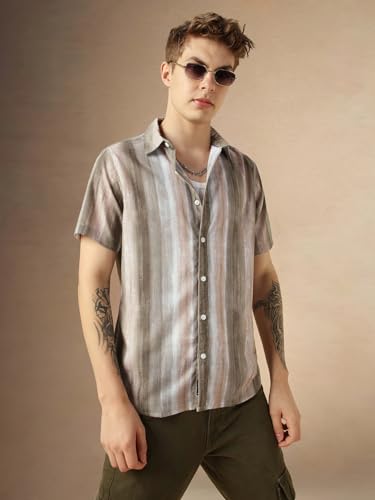Image of Dennis Lingo Men's Brown Cotton Spread Collar Short Sleeves Printed Shirts