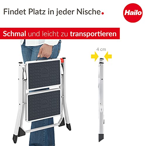 Hailo MK60 Mini Stahl-Trittleiter - 2 große Stufen mit Anti-Rutsch-Matten bis 150kg - Klappsicherung mit Entriegelungstaste - Tragegriff - Klapptrittleiter rostfrei und einfach zu verstauen - weiß