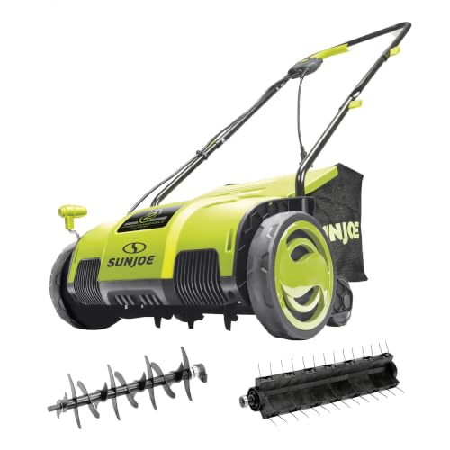 Sun Joe Corded Electric Lawn Dethatcher and Scarifier 12-Amp 12.6-Inch Cutting Width - Heavy-Duty Yard Trimmer and Mower Machine for Gardening Care and Maintenance AJ798E