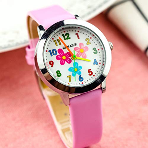 Nicerio Relógio infantil de quartzo com estampa floral, relógio de pulso infantil, relógio de couro