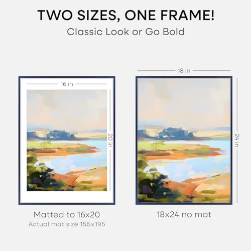 Image of Homeforia 18x24 Frame Navy Blue, High End Metal 18x24 Poster Frames with Mat 16x20 inch Photo, 18 x 24 Navy Blue Picture Frame Matted to 16 by 20 Print, 24x18 Frame, Tempered Glass, Wall Kit, Set of 1