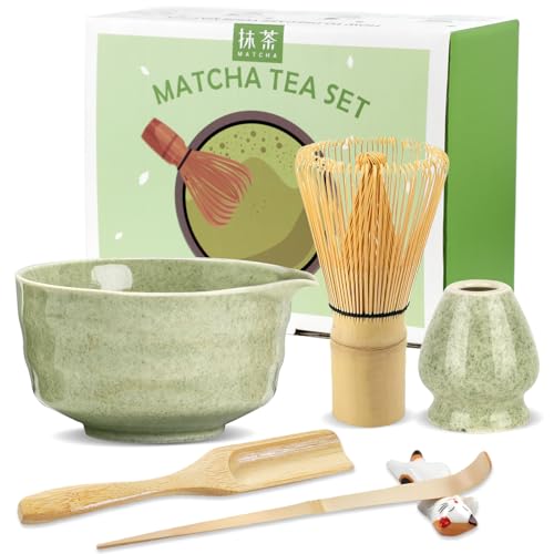 HengLiSam Matcha Kit 6 Pezzi, Set da tè Matcha con Frusta Matcha, Ciotola Matcha con Beccuccio, Porta Frusta Matcha, Porta Cucchiaio e 2 Cucchiai - Verde Classico