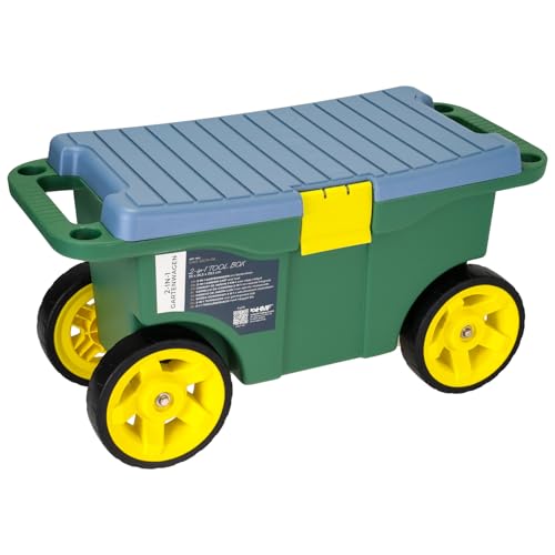 HMF 2-in-1 Gartenwagen mit Sitz und Stauraum, Gartenhocker mit großen Rollen, Rollsitz für Gartenarbeit bis 100 kg | 55 x 26,5 x 29,5 cm | Grün