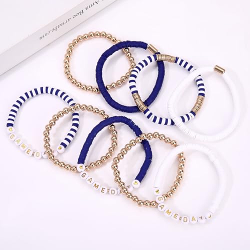 NLCAC 9 Pack Game Day Bracelets Stackable Heishi Beaded Stretchy Bracelet Preppy Jewelry Baseball Football Team Bracelets Sports Fan Accessories Gifts (Blue White)