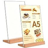 Kisstta Transparenter Acryl Doppelseitige Menükartenhalter, Schräg L aufsteller mit Holzsockel für Restaurants, Hochzeitsparty, Hotel, Cafés (transparent) (2 Stück, A5 21*14.8)