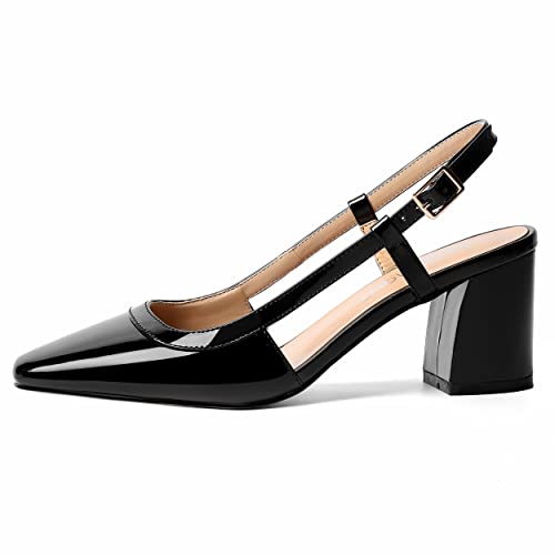 AMBELIGHT Womens Wedding Solid Slingback Square Toe Patent Dress Buckle Chunky Mid Heel Pumps Shoes 2.5 Inch2