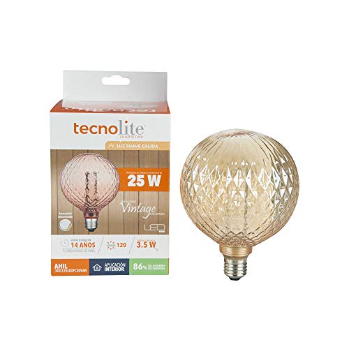 La Mejor Recopilación de Foco vintage - los preferidos. 48 Tecnolite, Foco Vintage LED, Modelo 3DG125LEDFC20VAR, Foco Atenueble / Luz Suave Cálida, Base E27, Tamaño 16.4 x 12.5 Centímetros, Foco LED con Luz Color Ambar