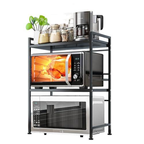 3 Tier Microwave Shelf for Kitchen Counter Height And Width Adjustable Microwave Oven Rack Extendable Microwave Stand Rack With 3 Hooks (3 Tier)