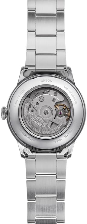 Indietro view of Orient Classic Bambino 38 watch showing the automatic movement