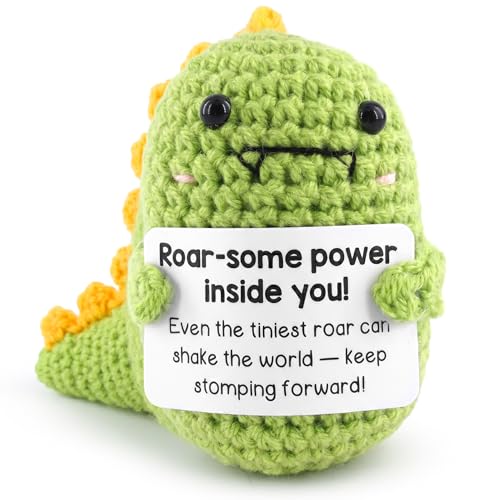 Reluen Crochet Dinosaur Roar-Some Power Inside Handmade Mini Dinosaur Crochet Animal with Inspirational Affirmation Card Dinosaur Desk Accessories Gift for Women Men Adults Mom Daughter Coworker
