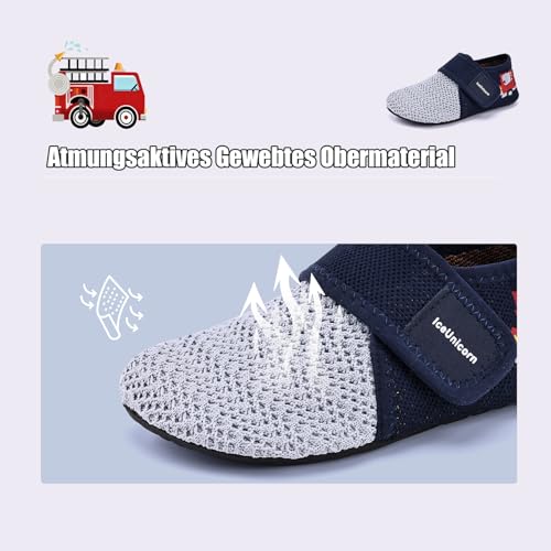 IceUnicorn Hausschuhe Kinder Atmungsaktive Pantoffeln Leicht Rutschfest Turnschläppchen Hüttenschuhe Jungen Mädchen Slippers für Kindergarten(Blau Feuerwehrauto,28/29EU)