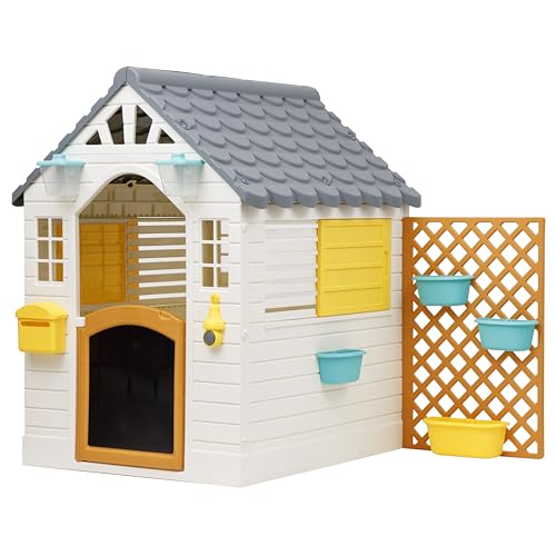 Baroni Toys Casa de jardim infantil com cerca, casa de plástico com porta e janelas que se abrem, campainha elétrica e ardósia, para crianças de 2 anos ou mais, 140 x 108 x 127 cm