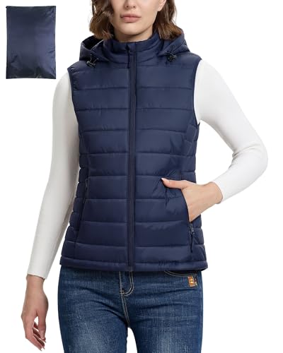 Outdoor Ventures Damen Steppweste mit Kapuze Packbare Übergangswesten Gefütterte Hybrid Sportweste Frau Warme Fahrradweste mit Stehkragen für Wandern Camping Dunkelblau XL
