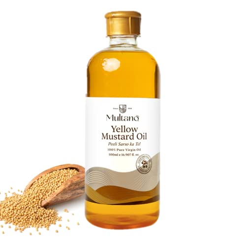 Image of Multano Pro Cold Pressed Mustard Oil 100% Pure Extra Virgin Kachi Ghani Yellow Mustard Oil For Cooking, Hair, Skin & Body Massage | Shuddh Peeli Sarso Ka Tel (500ML)