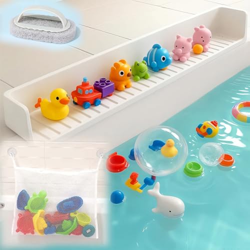 Image of SEUNGCH Extra Long White Bathtub Splash Guard Splash Guard Silicone Toy Shelf Holder Prevent Water Spills Kid Bath Tub Accessories (2.6FT, White)