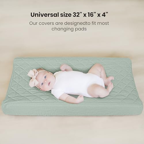 Image of Konssy Waterproof Muslin Changing Pad Cover 2 Pack, Quilted Cotton Fitted Diaper Changing Table Cover, Soft Changing Pad Sheets for Girls Boys (Leafy,Green)