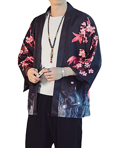 PRIJOUHE Men's Lightweight Kimono Jacket Seven Sleeve Open Front Cardigan Coat Japanese Style Bathrobe4
