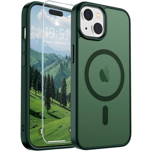Image of SUPFINE Magnetic for iPhone 15 Case (Compatible with MagSafe) (Military Grade Drop Protection) Slim Translucent Matte Shockproof with Anti-Fingerprint Phone Case, Forest Green