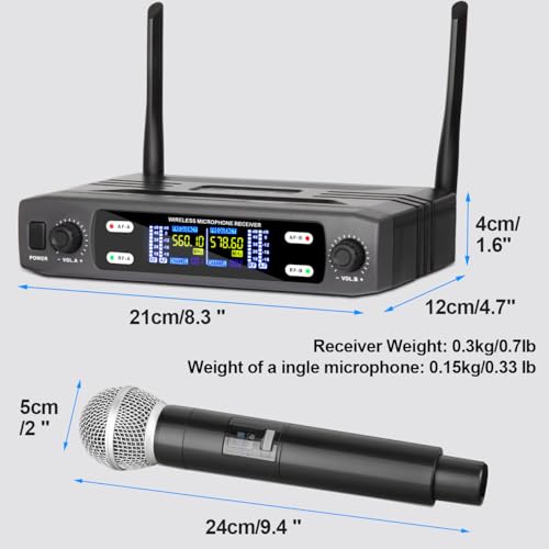 Depusheng Wireless Microphone System, VHF Fixed Dual Frequency Wireless Set with 2 Handheld Dynamic Transmitter Wireless Mic Set for Singing, Karaoke, Church, DJ,200ft Range