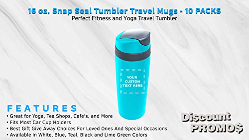 Personalized 16 Oz. Snap Seal Tumbler Travel Mugs - 10 Pack - Custom Text, Logo - Teal #TOP1