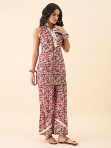 Image of Women's Floral Printed Kurti and Palazzo Set | Sleeveless Ethnic Co-Ord Set