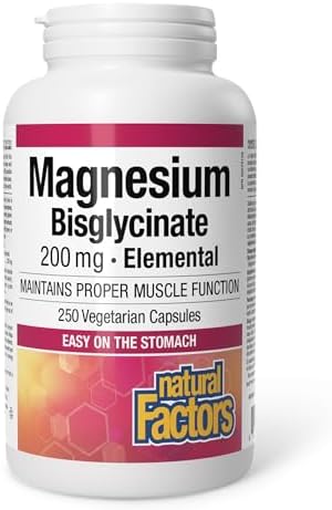 Natural Factors Magnesium Bisglycinate 200 mg, 250 Capsules, Gentle on the Stomach, Maintains Proper Muscle Function, Supports Tissue Formation of Healthy Bones & Teeth, Magnesium Glycinate, Proudly Canadian